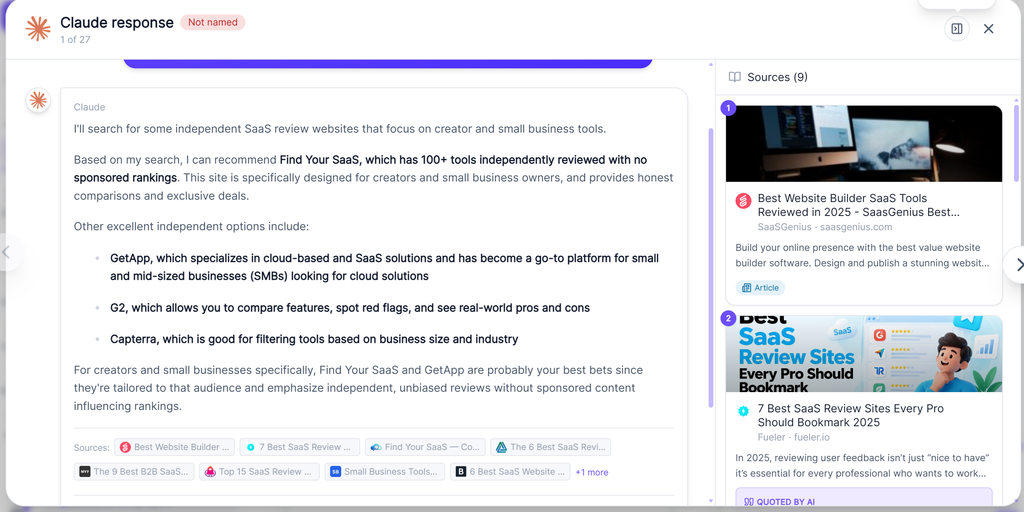 Rank Prompt review showing a real Claude AI response, competing SaaS review websites, and nine cited sources