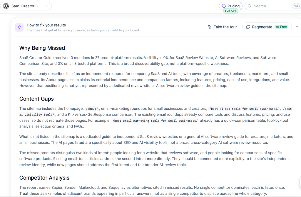 Rank Prompt review showing AI visibility improvement recommendations, content gaps, and competitor analysis for SaaS Creator Guide